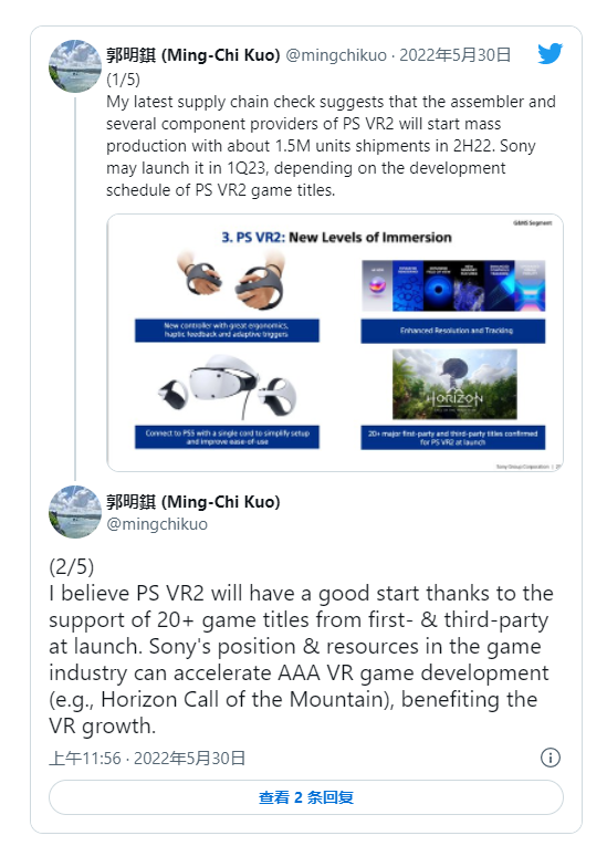 郭明錤：PSVR 2 可能会在 2023 年初推出