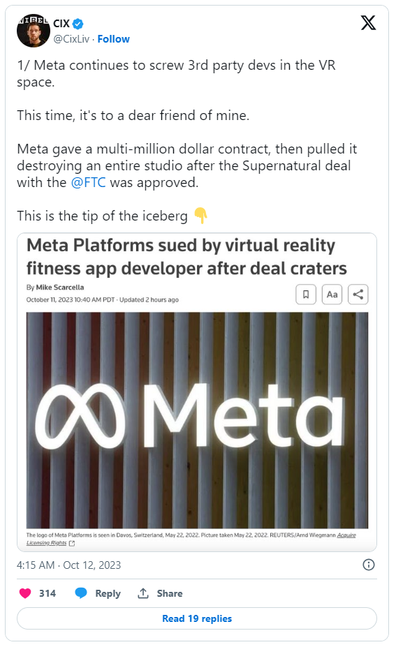 VR开发商起诉Meta 索赔超过3.5亿美元