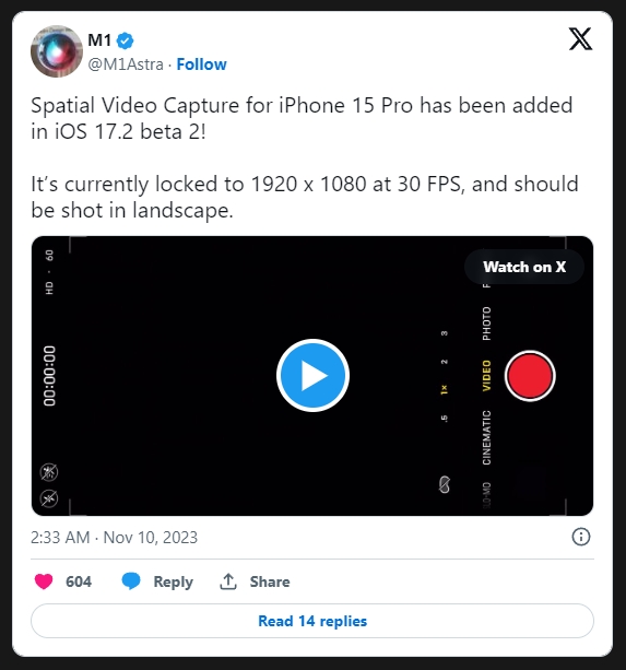 iPhone 15 Pro 现在可以录制 3D空间视频并在 Apple Vision Pro 中观看