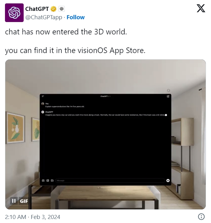 ChatGPT 目前已正式支持 Vision Pro