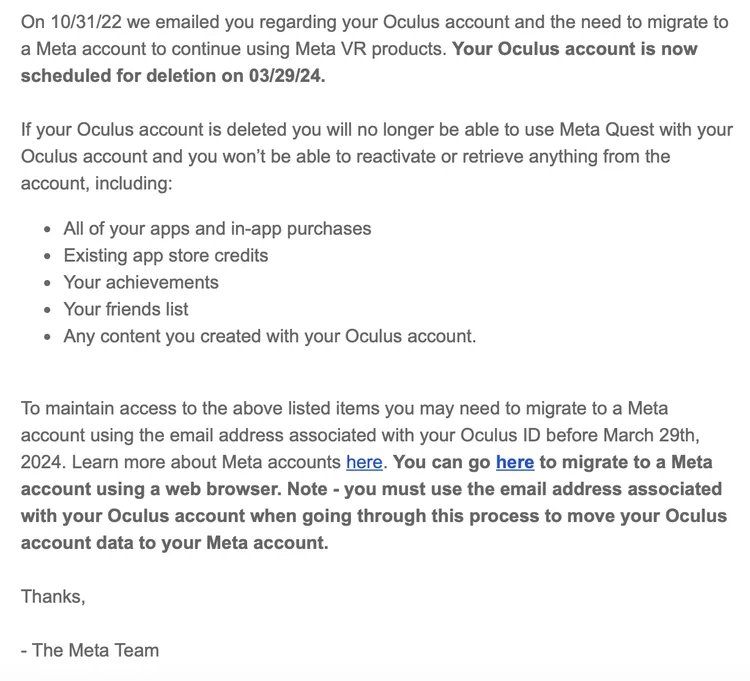 Meta 表示将在本月底删除所有 Oculus 帐户